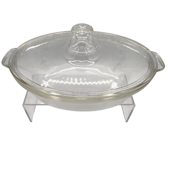 Pyrex 1.5qt Vintage Oval Glass Casserole Dish Etched Silver Plated Footed Holder - Picture 6 of 16